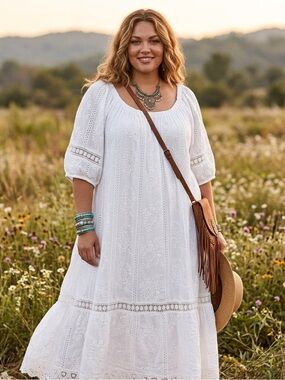 Karen Kane Plus Size White Eyelet Embroidered Boho Peasant Dress 2X Cottagecore